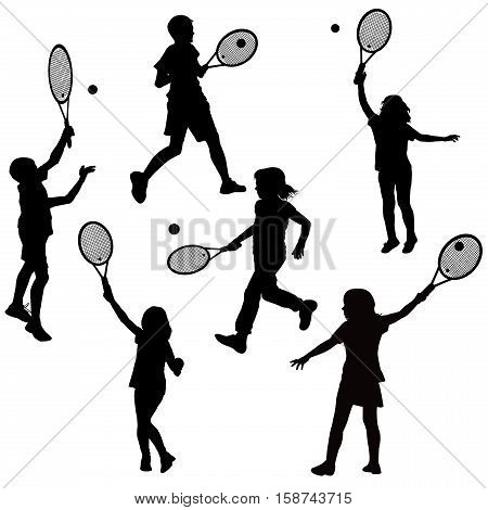 Silhouettes of children playing tennis on white background