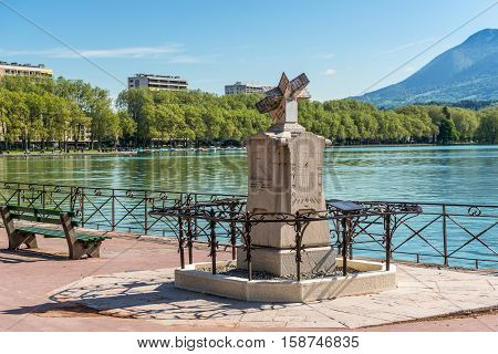 Annecy France - May 25 2016: Gnomon the sundial invented in 1874 by the monk-Capuchin brother Arsen born in Annecy.