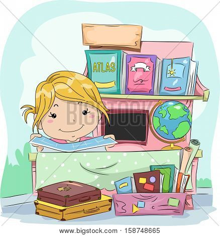 Colorful Illustration of a Cute Little Girl Manning a Roadside Book Shop Selling Geography Books