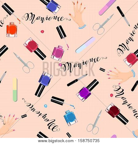 Seamless Pattern Manicure Tools On A White Background. Vector Illustration. Hand Drawing Manicure To