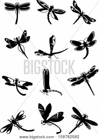 Set of patterns of different black silhouettes of dragonflies isolated on white background in flat style.