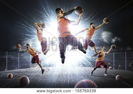 Multi persons bascketball players night flash collage