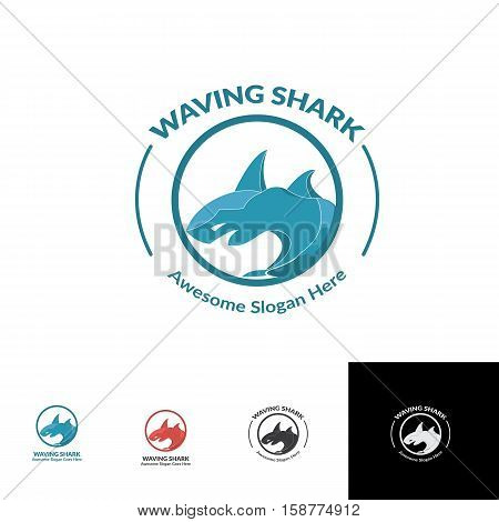 waving angry blue shark with circle grid system logo concept vector with many alternative colors