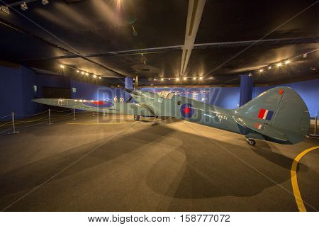 MANAMA, BAHRAIN - OCT 29, 2016: The iconic Supermarine Spitfire Aircraft in an Exhibition at the Bahrain National Museum - the aircraft that defended the skies during the Second World War