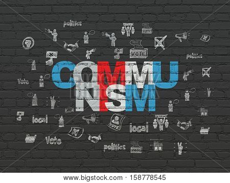 Politics concept: Painted multicolor text Communism on Black Brick wall background with  Hand Drawn Politics Icons