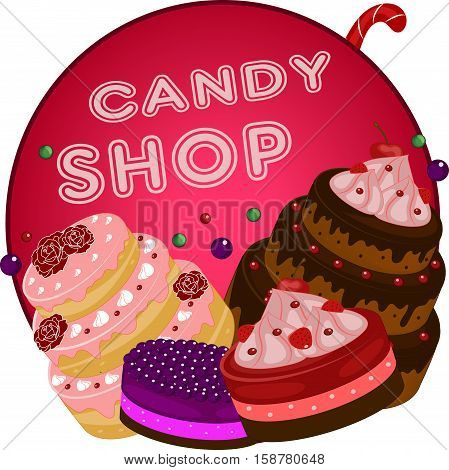 colorful candy shop label with cakes and sweets