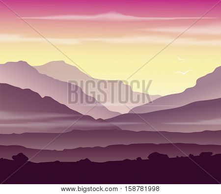 Pink mountain landscape. Wild nature at sunset. Vector illustration.