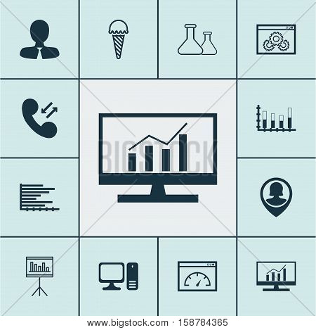 Set Of 12 Universal Editable Icons. Can Be Used For Web, Mobile And App Design. Includes Icons Such As Bars Chart, Desktop Computer, Frozen Food And More.