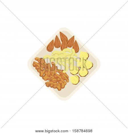 Nuts lying on the plate, a handful of mixed nuts. Cashews, almonds, funtouch and walnuts are on the plate. Healthy snack vector