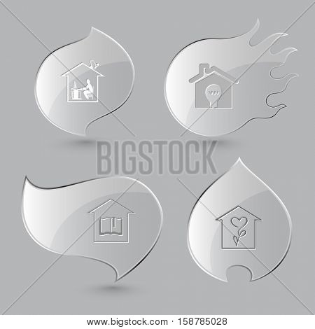 4 images: work, light in home, library, flower shop. Home set. Glass buttons on gray background. Fire theme. Vector icons.