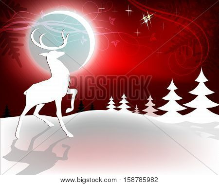 Red design Christmas majestic deer with a raised paw, a big bright moon with stars