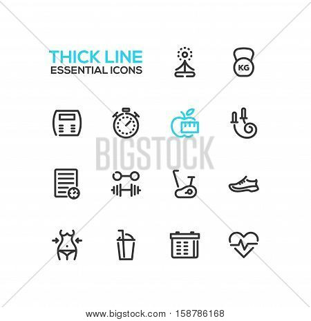 Diet and fitness - modern vector plain simple thick line design icons and pictograms set. Yoga, weight, apple, stopwatch, skip rope, training shoes, barbell, exercise bike, cocktail, check-list, calendar, pulse