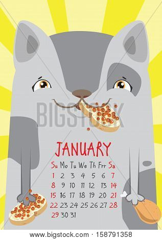 Spotted a gray cat on yellow background with red caviar sandwich in his mouth and paws. January calendar.