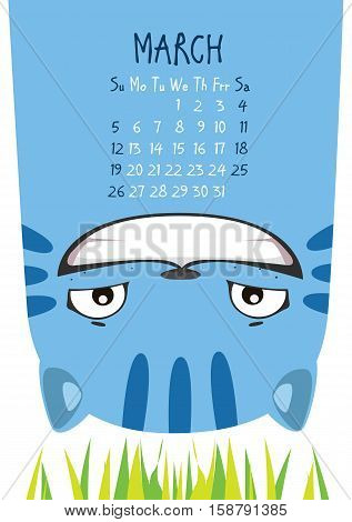 smiling blue cat upside down on the green grass. Cheshire cat. March calendar