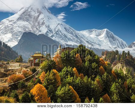 Himalayas mountain landscape. Buddhist monastery and Manaslu mount in Himalayas, Nepal.