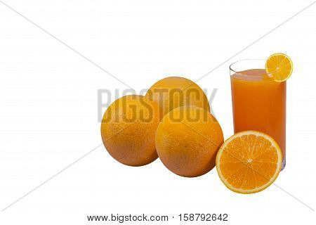 Orange juice in glass and orange isolated on white background.