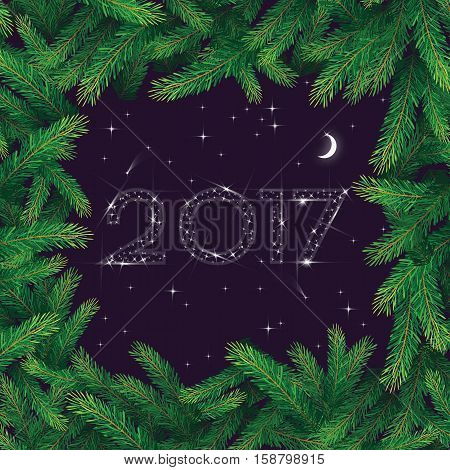 Happy New Year greeting card. 2017 numbers in the night sky made of stars in pine branch frame.