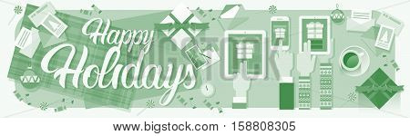 Hands Hold Device Electronics Gadget New Year Laptop Phone Tablet Christmas Gift Decoration Vector Illustration