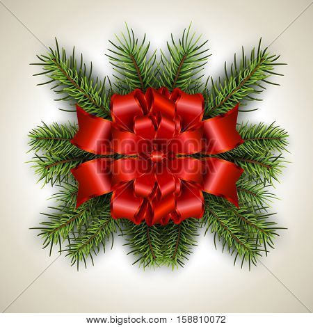 White card with Christmas wreath and red bow. Vector christmas background.
