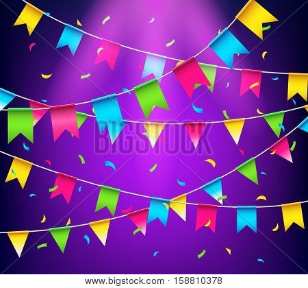 Multicolored bright buntings garlands. Celebrate banner. Party flags with confetti