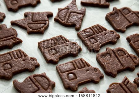 Cutting Cookies Dough Cars Shape. Homemade Bakery