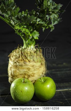 Celery root - celeriac and green apples fresh healthy vegetables for salad