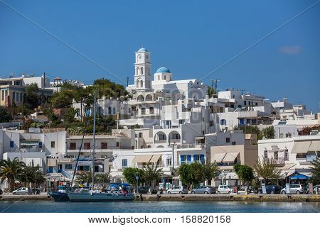 MILOS, GREECE - SEP 26, 2016: Views of the Marina from the sea. The island is famous for the statue of Aphrodite (Venus de Milo, now in the Louvre) Land area of island is 160.147 square kilometres.