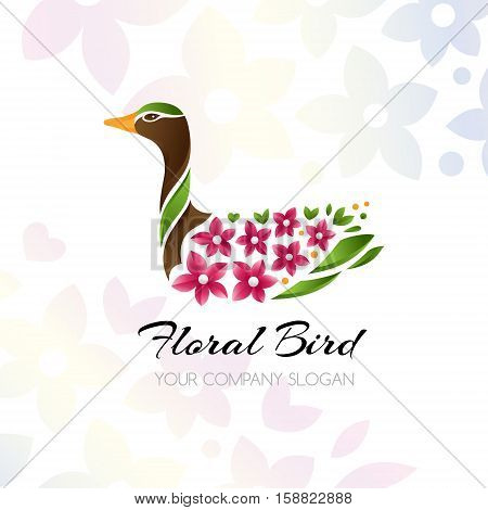 Floral bird logo template. Swimming duck with floral wings icon. Vector illustration. Concept for wedding sites beauty or spa salons floristic firms.