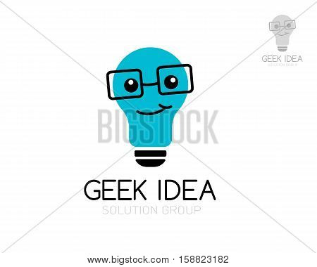Geek idea logo template. Light bulb in glasses. Vector illustration. Concept for education application creative business schools internet stores develop firms and other.