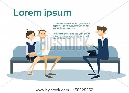 Business People Group Sitting On Coach Businessman Using Tablet Computer Office Flat Vector Illustration