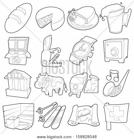 Switzerland itravel icons set. Outline cartoon illustration of 16 Switzerland travel vector icons for web