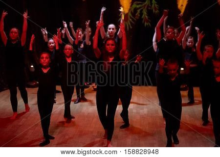 MOSCOW, RUSSIA - MAY 21, 2016: Young girls perform on stage during concert of dance studio Firebird in Bogorodskoe .