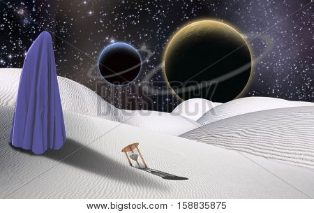 Surreal desert with hourglass. Figure of human in clothes similar to hijab. Two planets in a starry sky.   3D Render  Some elements provided courtesy of NASA
