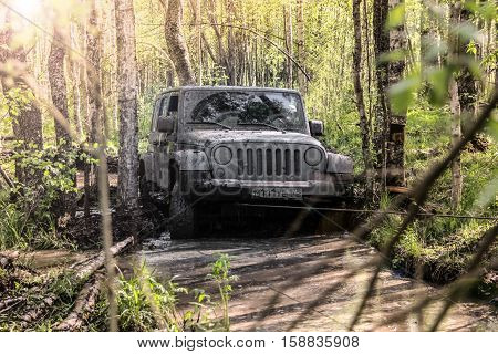 Leningrad Oblast, the Karelian isthmus, Russia, may 30, 2014. check out off-road's Jeep Wrangler club, the Jeep Wrangler is a compact four wheel drive off road and sport utility vehicle