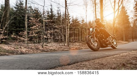 Close up of a high power motorcycle. On the road.