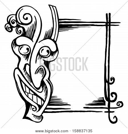 Vector sketch stylized demon head. His face and frame isolated on white background.