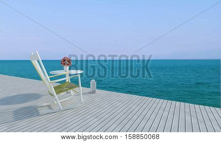 Beach Lounges With Sundeck On Sea View For Vacation And Summer-3D Rendering