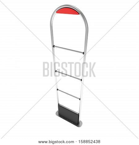3D shop security anti-theft sensor gates. 3D render illustration of shoplifter scanner isolated on white background. Scanner entrance gate for prevent theft in shop or store. Security concept.