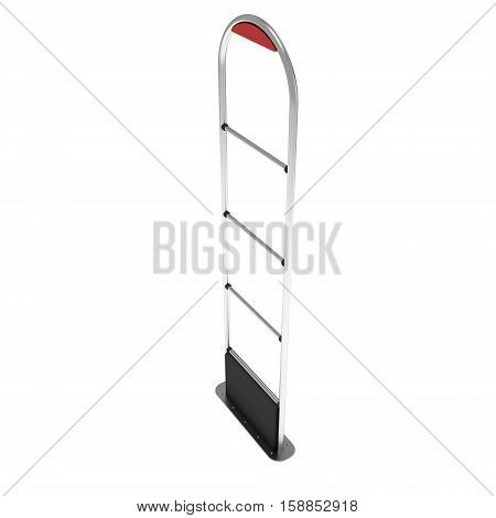 3D shop security anti-theft sensor gates. 3D render illustration of shoplifter scanner isolated on white background. Scanner entrance gate for prevent theft in shop or store. Security concept.