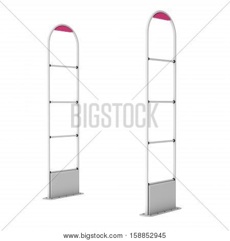 3D shop security anti-theft sensor gates. 3D render illustration of shoplifter scanner isolated on white background. Scanner entrance gate for prevent theft in shop or store. Security concept.