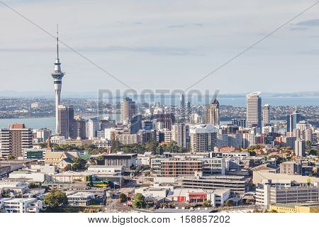 Auckland New Zealand- December 12 2013. Cityscape of Auckland sky tower.