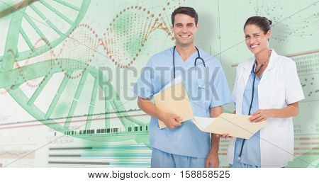Portrait of male and female doctors with medical reports against 3D helix diagram of dna