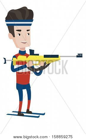 Caucasian sportsman taking part in ski biathlon competition. Cheerful biathlon runner aiming at the target. Biathlon shooter with a weapon. Vector flat design illustration isolated on white background