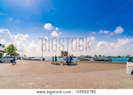 MALE, MALDIVES - October 04 :  Boats at the harbor next to Ibrahim Nasir International Airport in Male, Maldives.
