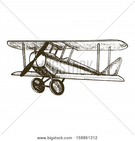 Retro Plane Hand Draw Sketch Vintage Biplane with Propeller Can Be Used for Posters and Cards. Vector illustration
