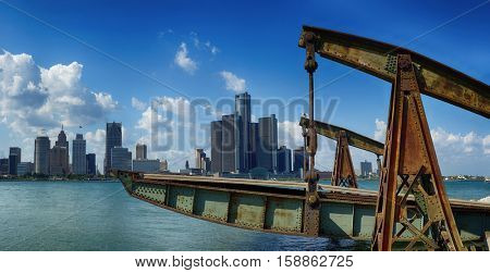 Panoramic view of Detroit city skyline taken at daylight from Windsor, Ontario during the summer