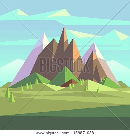 Snow rock mountains landscape in low poly vector style. Landscape with snow mountain, nature polygon outdoor landscape illustration