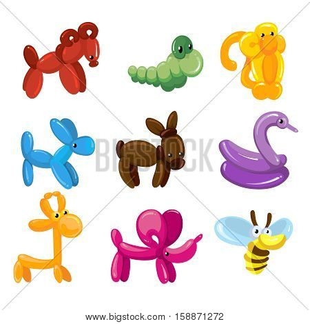 Vector balloon animals toys decoration for kids party. Balloon animal of set. Illustration of helium ballon to birthday decoration