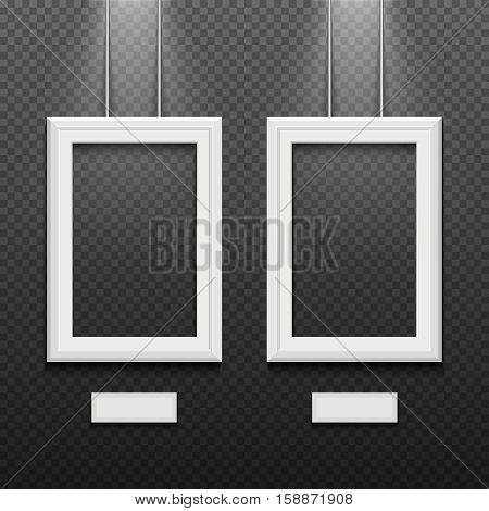 Empty white poster frames isolated on transparent checkered wall vector illustration. Frame hanging in gallery or museum, exhibition with rectangle frame