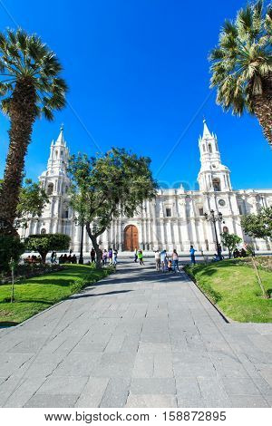 AREQUIPA PERU NOVEMBER 9: Main square of Arequipa with church on november 9  2015 in Arequipa Peru. Arequipa's Plaza de Armas is one of the most beautiful in Peru.